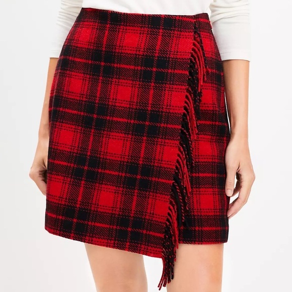 LOFT Dresses & Skirts - LOFT Buffalo Plaid Red Black Faux Wrap Skirt 14 NWT Fringe Wool Blend Miniskirt